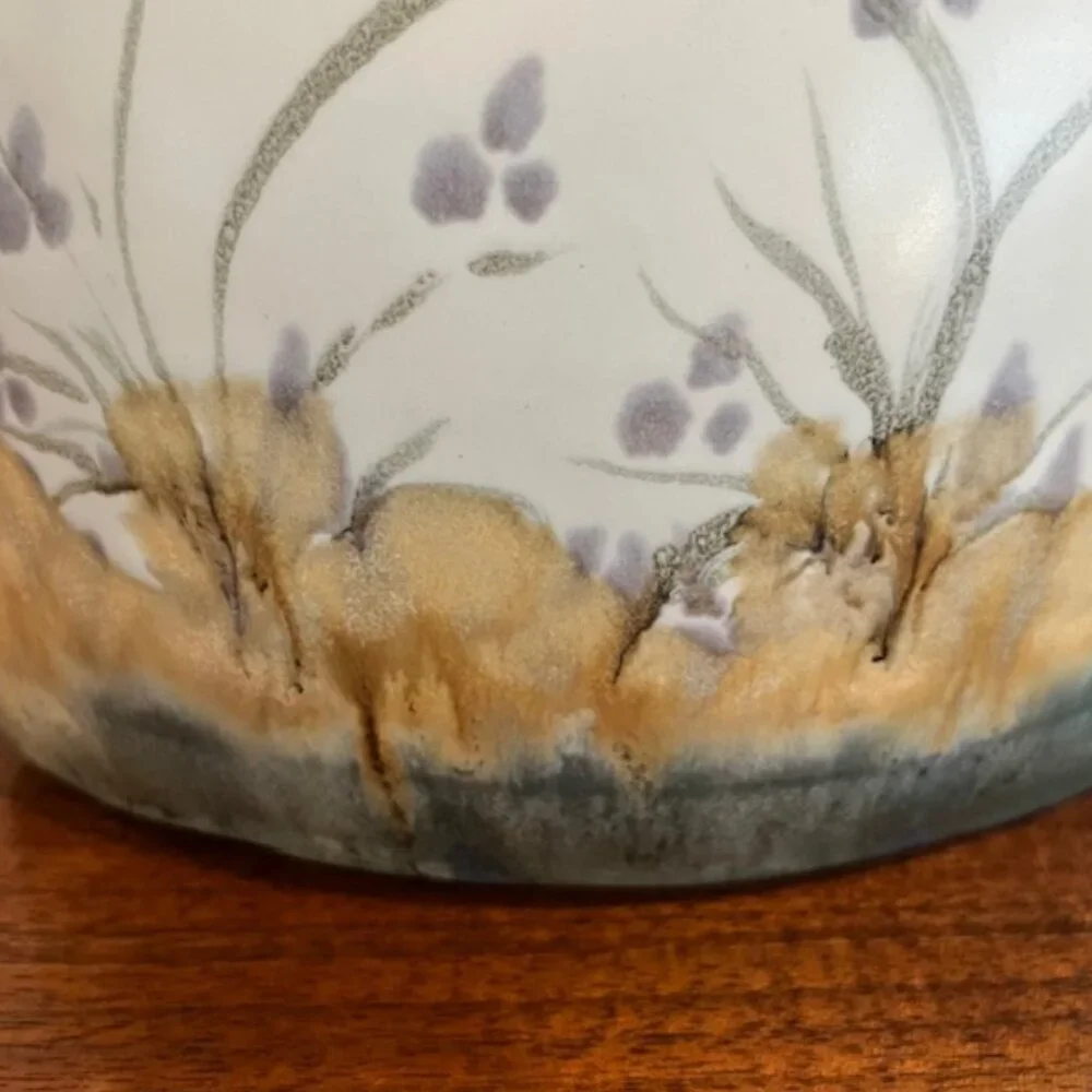 Oval Flat Floral Pottery Vase Handmade Signed